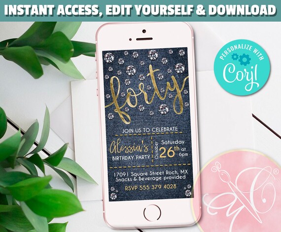 40th Birthday Electronic Invitation, Birthday Evite, Denim, Diamonds, Gold Foil, Smartphone Invitation, Birthday invitation | EDIT YOURSELF Il_570xn