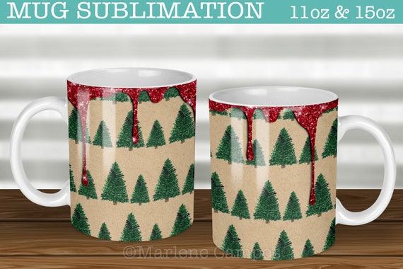 Christmas Tree Sublimation for Mugs, Red Glitter, Christmas Mug, 11oz and 15oz, Mug Press Template, Coffee Mug Wraps / Download Il_570xn