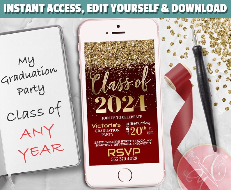 ANY YEAR Graduation Phone Invitation, Class of, Burgundy, Gold, Mobile invite, Electronic Invite, Evite, Text Message invite /EDITABLE image 1