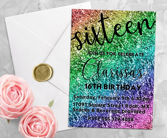 16th Birthday Invitation, Rainbow sequins Birthday invitation, sequin Rainbow, Rainbow party decor, sequins effect, Personalized | Printable Il_570xn
