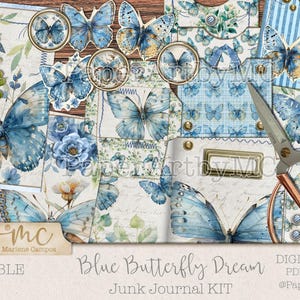 Kit Junk Journal, Blue Butterfly Dream Collection, kit di carta artigianale, pagine Junk Journal, effimeri, kit per scrapbooking, modelli di rilegatura GRATUITI