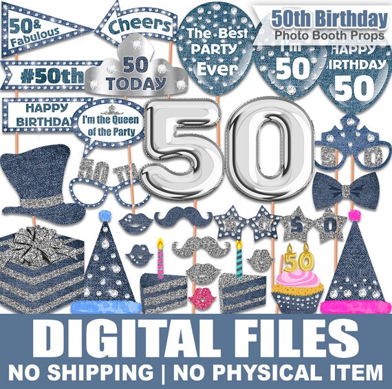 50th Birthday photo booth props, Denim, Diamonds, Crystal Sparkly, Birthday photo booth props, Photo Booth props set, PRINTABLE Il_570xn