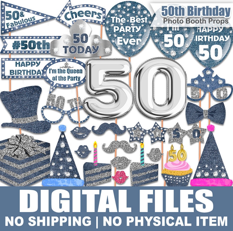 Diamonds Denim Birthday photo booth props PRINTABLE Crystal Sparkly Photo Booth props set 50th Birthday photo booth props