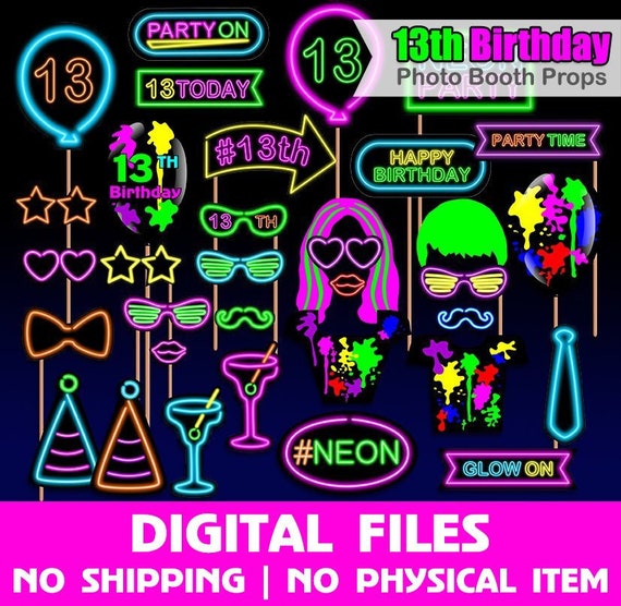 13th Neon Birthday, 13th photo booth props, Neon Party, Birthday photo booth props, Photo Booth props set, Printable, INSTANT DOWNLOAD Il_570xn