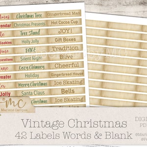 Kerstwoordenlabels | Vintage Kerstmis, Junk Journal, Etiketten | Efemere, tags, kaarten, invoegen | Plakboekambachten | Journaliseren | AFDRUKBAAR