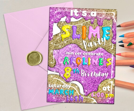 GLITTER SLIME Birthday Invitation, Slime birthday party, Pink, Gold, slime Birthday, slime party invite, Digital | Printable Il_570xn