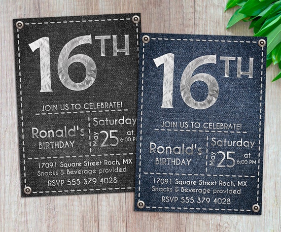 16th Birthday Invitation Silver Foil Blue Black Denim Sewing
