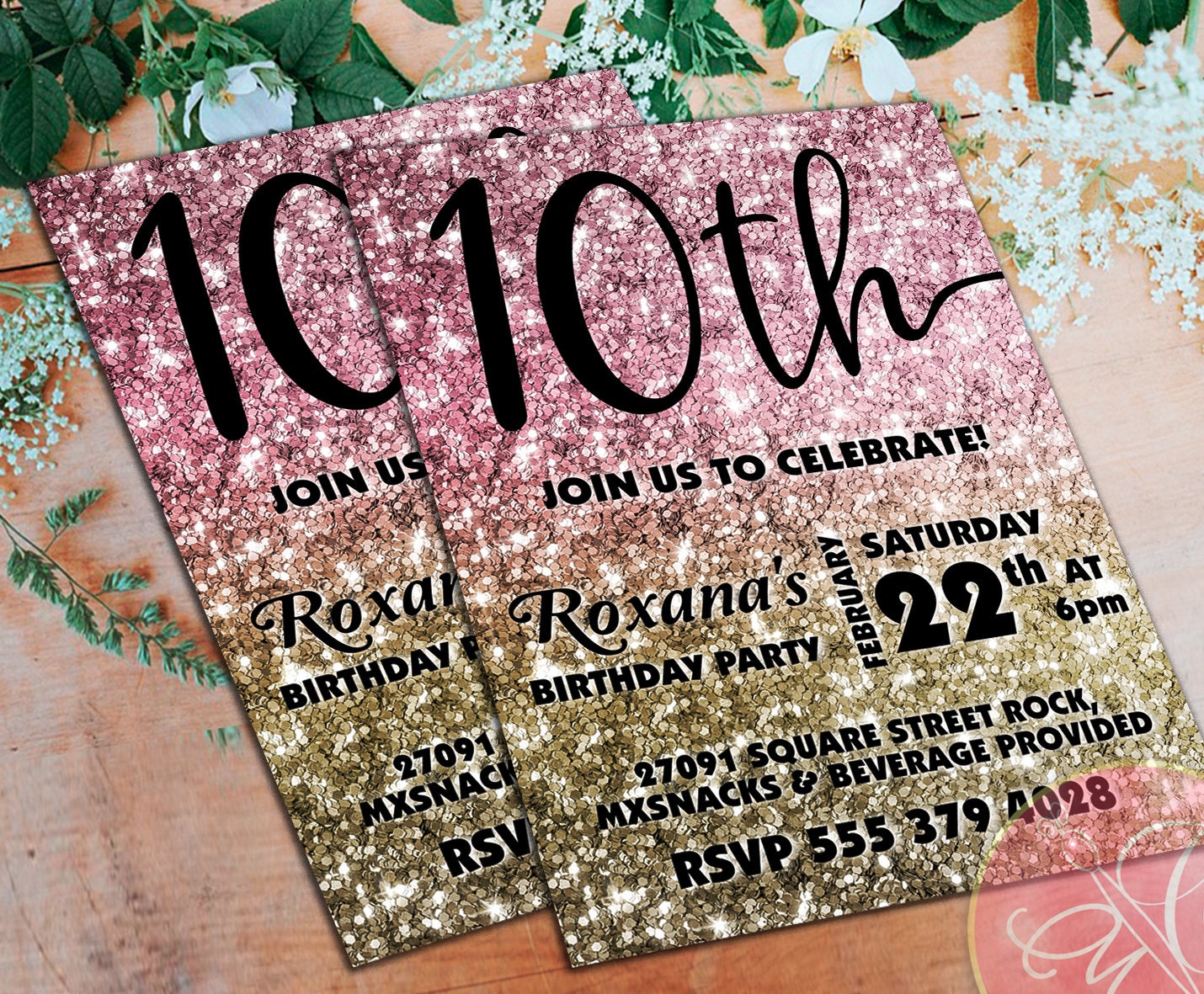 10th-birthday-invitation-gold-and-rose-gold-glitter-10th-etsy