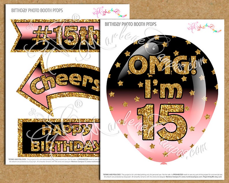 Gold Printable INSTANT DOWNLOAD Sweet 15th Birthday Party Black Rose Gold 15th Birthday photo booth props Birthday photo booth props
