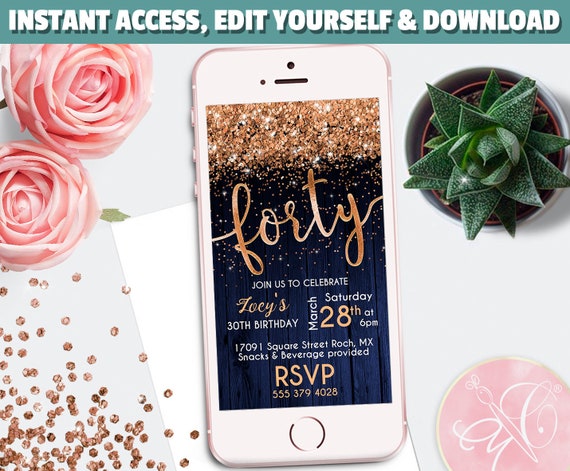 Forty Phone Invitation, Copper Glitter, Navy Wood, 40th Birthday Evite, Electronic Invitation, Birthday Invitation -EDIT Yourself Corjl Il_570xn