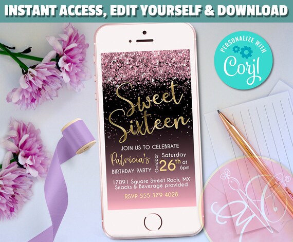Sweet Sixteen Evite, Electronic Invitation, Sweet 16, Rose Gold, Black, Gold Foil, e-vite, Smartphone Invitation - Edit Yourself with Corjl Il_570xn