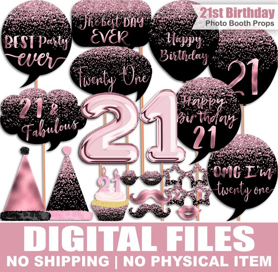 21st Birthday Photo Booth Props, Glitter, Rose Gold, Black, Pink Foil, Birthday photo booth props, Printable, INSTANT DOWNLOAD Il_570xn