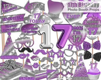 17th Birthday photo booth props, Purple, Silver, 17th Birthday Party, Birthday photo booth props, Printable, INSTANT DOWNLOAD