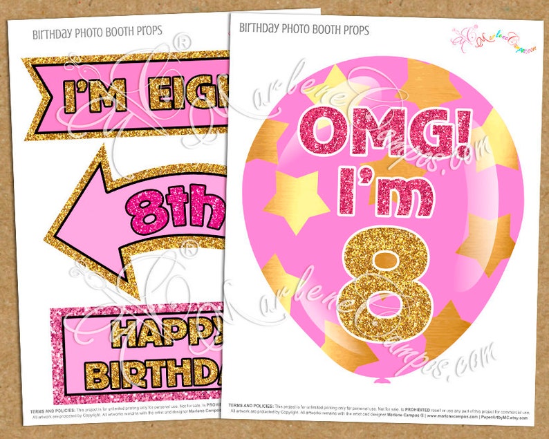 Pink Birthday party Photo Booth props set 8th Birthday photo booth props Birthday photo booth props Printable INSTANT DOWNLOAD