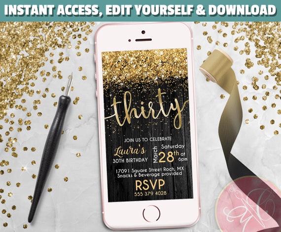 Thirty Phone Invitation, Black Wood, Gold Glitter, 30th Birthday Evite, Electronic Invitation, Birthday Invitation - EDIT Yourself Corjl Il_570xn