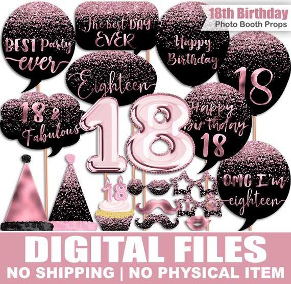 18th Birthday Photo Booth Props, Glitter, Rose Gold, Black, Pink Foil, Birthday photo booth props, Printable, INSTANT DOWNLOAD Il_570xn