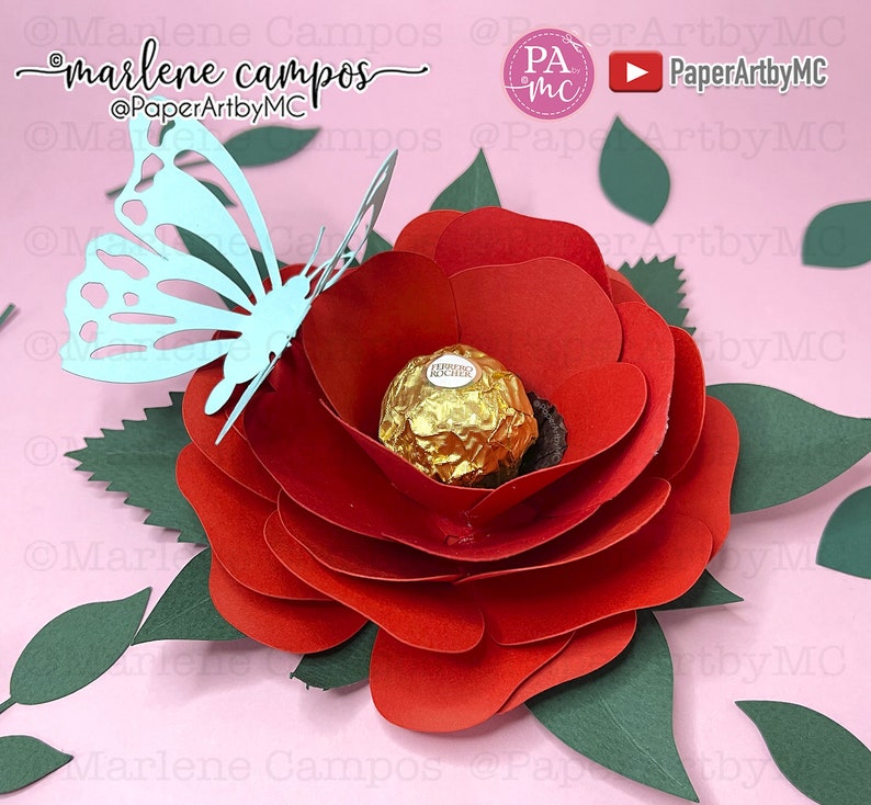 CUT FILE Paper Rose Chocolate Holder Rose and Butterfly Candy Holder TUTORIAL svg, dxf, png Cricut Project, Silhouette, ScanNcut image 5