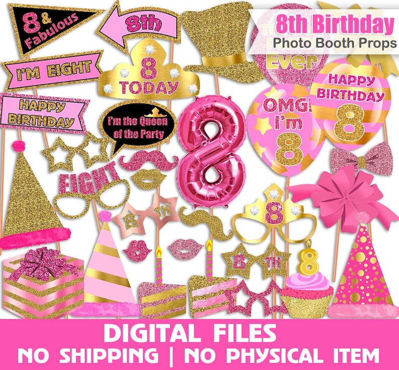 Pink Birthday party Photo Booth props set 8th Birthday photo booth props Birthday photo booth props Printable INSTANT DOWNLOAD