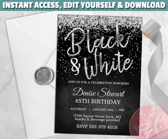 Black and White Invitation, Editable invitation, Any Celebration, Silver Glitter, Black and White party decoration - EDIT YOURSELF Il_570xn
