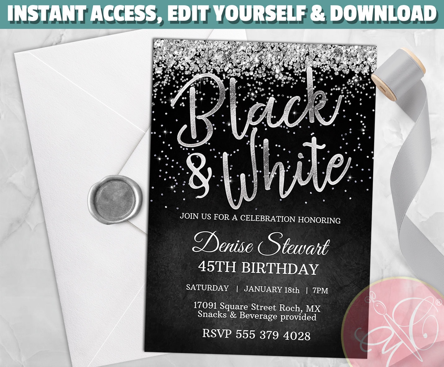 Black and White Invitation Editable Invitation Any Etsy