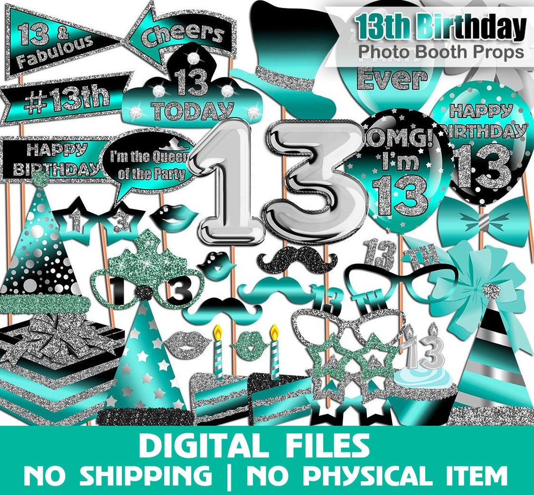 13th Birthday Photo Booth Props, Turquoise, Black, Silver, 13th Props ...