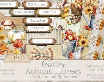 Autumn Harvest Junk Journal Kit, Printable Fall Ephemera and Pages, Cozy Thanksgiving Scrapbook Paper, Rustic Pumpkin Journal Printable