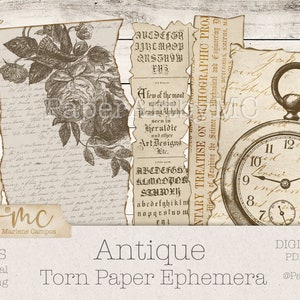 May include: Antique torn paper ephemera digital download set with a vintage pocket watch, floral design, and alphabet letters. The set includes 8.5x11 inch PDF files.