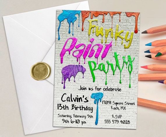 Funky Paint Birthday Invitation, Any Age, Paint Art Birthday, bricks wall, paint birthday party, Neon Paint, Digital Invitation| PRINTABLE Il_570xn