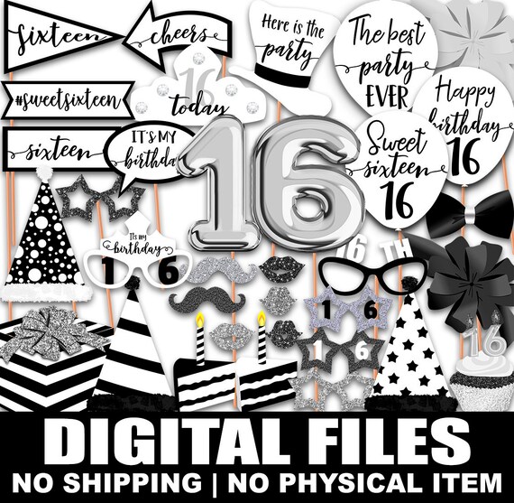 16th Birthday photo booth props, Black and White, Sweet sixteen Party, Sweet 16, Black and White Birthday party, Printable, INSTANT DOWNLOAD Il_570xn