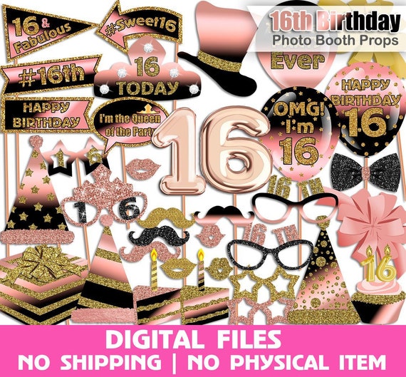 16th Birthday photo booth props, Rose Gold, Black, Gold, Sweet 16, Birthday photo booth props, Printable, INSTANT DOWNLOAD Il_570xn