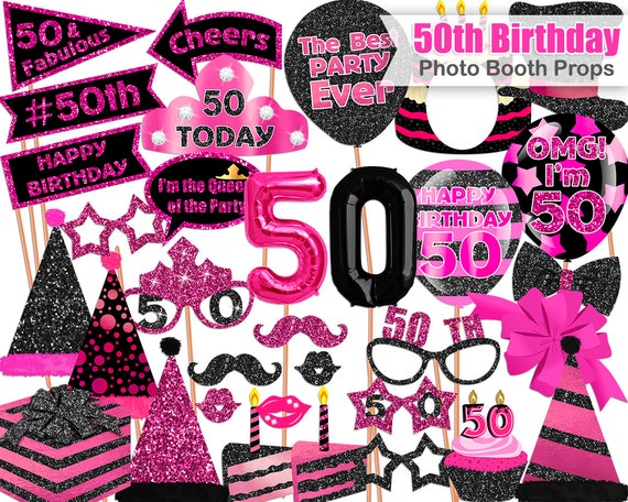 50th-birthday-photo-booth-props-hot-pink-black-50th-birthday-party