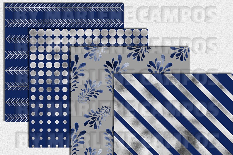 Navy Blue and Silver Digital Paper, Foil Effect, Background Pattern, Digital Background, Scrapbooking Paper INSTANT DOWNLOAD image 2