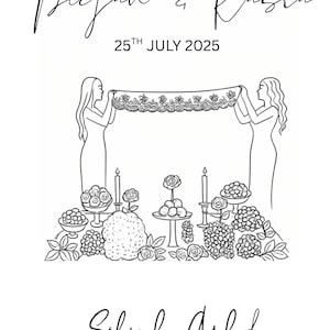 May include: Black and white line drawing of a Sofreh Aghd ceremony. The image includes the names Pegah & Kasra, the date 25th July 2025, and the words Sofreh Aghd. Two figures hold a decorative cloth above a table with floral arrangements and candles.