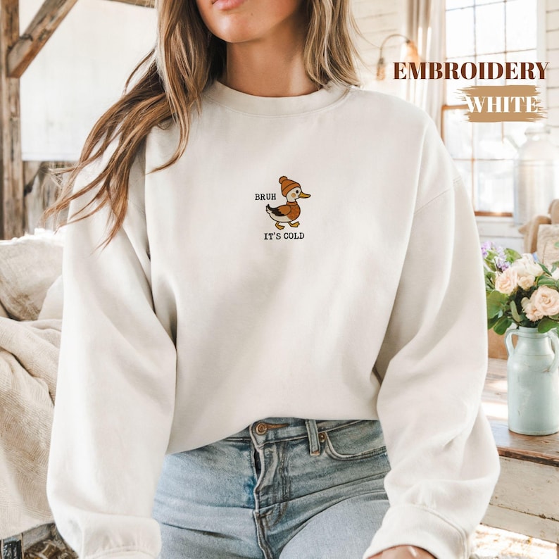 Embroidered Cozy Duck Sweatshirt, Funny Fall Duck Sweater, Animal Lover Gift, Farm Animal, Gift for Duck Lover, Valentines Day Sweatshirt. image 1