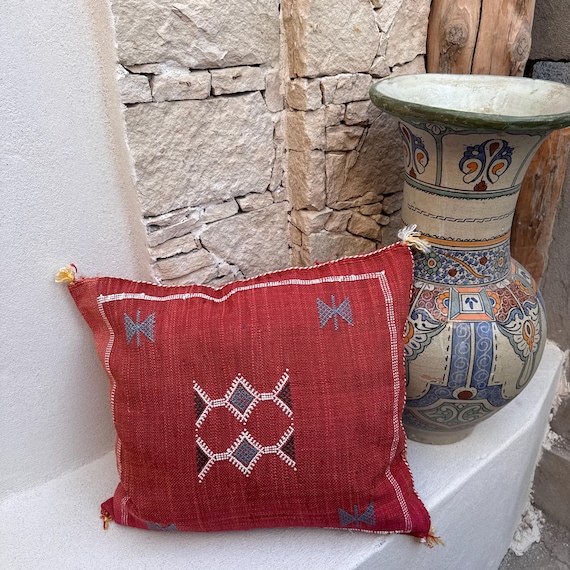 Handmade Moroccan Sabra Pillow: Red Cactus Silk Cushion With
