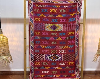 Tappeto Kilim in seta con cactus marocchino fatto a mano - Design berbero rosso 5,1 x 3,1 piedi