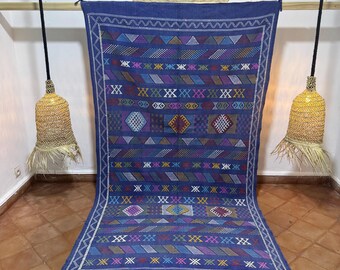 Indigo Moroccan Sabra Kilim Rug – 8.3x4.4 ft Cactus Silk Carpet – Large Berber Boho Decor