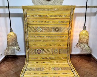 Yellow Moroccan Sabra Kilim Rug – 8.1x4.2 ft Cactus Silk Carpet – Handmade Berber Diamond Motifs