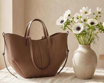 Large PU Leather Tote Bag – Minimalist Winged Shoulder Bag for Everyday Use