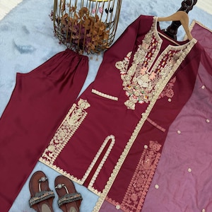 Satin Silk Sharara Suit: Embroidered Palazzo, Dupatta - Indian Wedding Dress