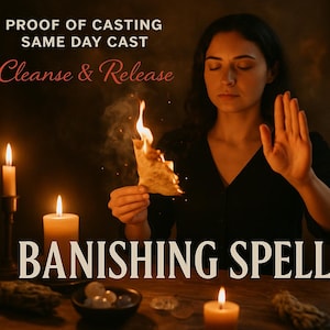 Może przedstawiać: Obraz z tekstem „PROOF OF CASTING SAME DAY CAST Cleanse & Release BANISHING SPELL”. Osoba trzyma płonący kawałek papieru. Na drewnianym stole palą się świece i miska z kryształami.