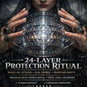 Op de afbeelding: Een afbeelding van een lichtgevende bol met ingewikkelde patronen, vastgehouden door handen met ringen. De tekstoverlay luidt "24-LAYER PROTECTION RITUAL", met ondersteunende tekst zoals "Blokkeer alle aanvallen".