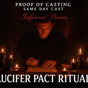 May include: A person in a dark room with candles, performing a Lucifer Pact Ritual. The image includes the text "PROOF OF CASTING, SAME DAY CAST, Infernal Power, LUCIFER PACT RITUAL". The person is drawing on a parchment with a pen.