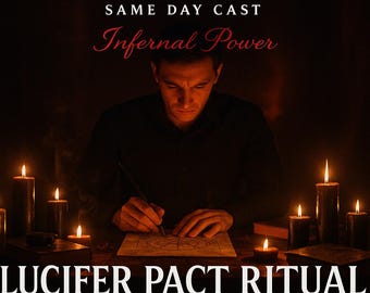 May include: A person in a dark room with candles, performing a Lucifer Pact Ritual. The image includes the text "PROOF OF CASTING, SAME DAY CAST, Infernal Power, LUCIFER PACT RITUAL". The person is drawing on a parchment with a pen.