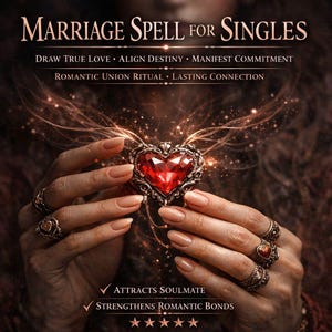 Puede incluir: Imagen que promociona un hechizo de matrimonio para solteros. Presenta un colgante en forma de corazón con una piedra roja, sostenido por manos con anillos. El texto incluye "Hechizo de matrimonio para solteros" y promesas de "Atraer el alma gemela".