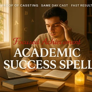 May include: A person writing in a book with a laptop and books on a wooden desk. The image text reads "Focused Achievement ACADEMIC SUCCESS SPELL". A lit salt lamp is on the desk.