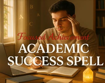 May include: A person writing in a book with a laptop and books on a wooden desk. The text on the image says "Focused Achievement ACADEMIC SUCCESS SPELL". A lit salt lamp is on the desk.
