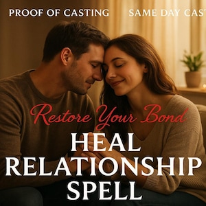 Könnte beinhalten: Ein Bild eines Paares, das sich mit den Stirnen berührt und Intimität vermittelt. Der Text lautet "Restore Your Bond, Heal Relationship Spell". Darüber steht "Proof of Casting" und "Same Day Cast."
