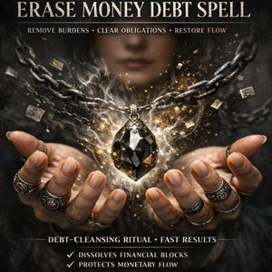 May include: An image with the text "ERASE MONEY DEBT SPELL". A large, dark gemstone pendant hangs from a chain, held between two hands adorned with rings. The text also includes "REMOVE BURDENS CLEAR OBLIGATIONS RESTORE FLOW" and "DEBT-CLEANSING RITUAL FAST RESULTS".