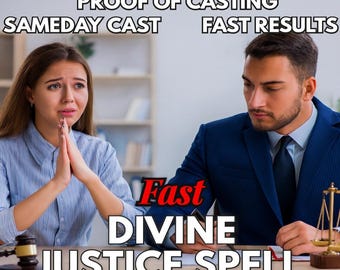 May include: An image with the text "PROOF OF CASTING, SAMEDAY CAST, FAST RESULTS". The words "Fast DIVINE JUSTICE SPELL" are also visible. A woman is shown with her hands clasped, and a man is looking down. A gavel and scales are on the table.